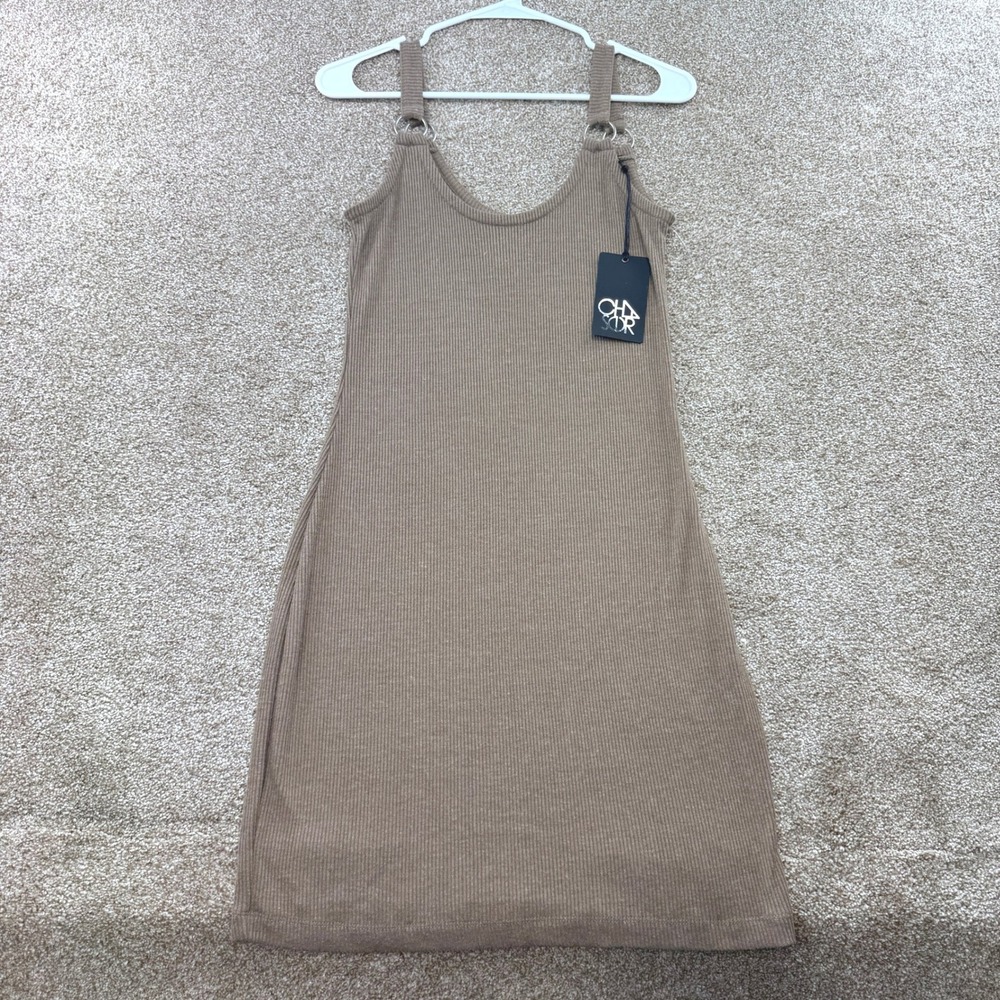Chaser Women Taupe Brown Ribbed Strap Mini Dress Small NEW Boho Bodycon Earthy